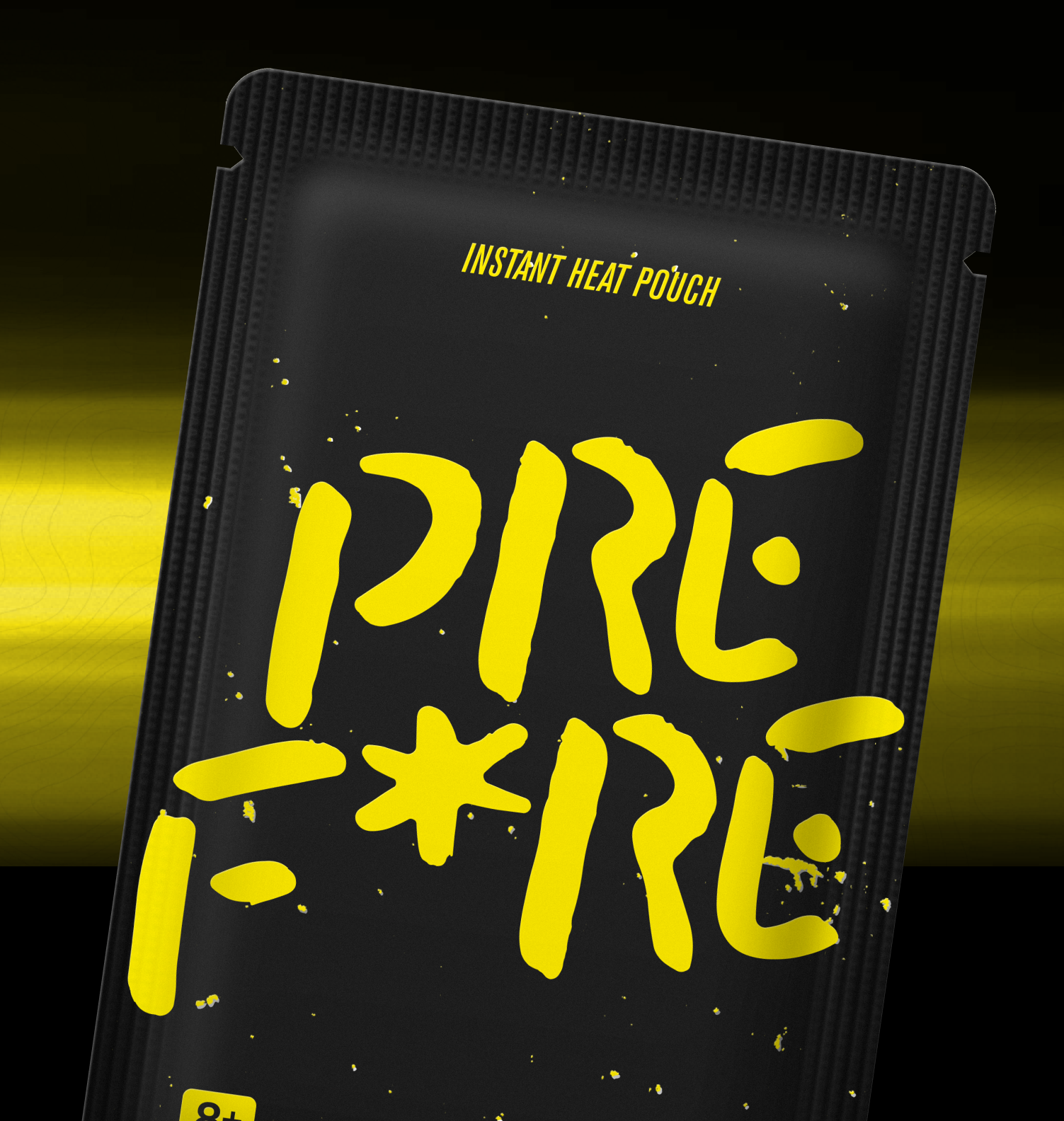 Close-up Pack Shot - Black & Yellow  PREF*RE Solo Hand Warmer Blister Pack