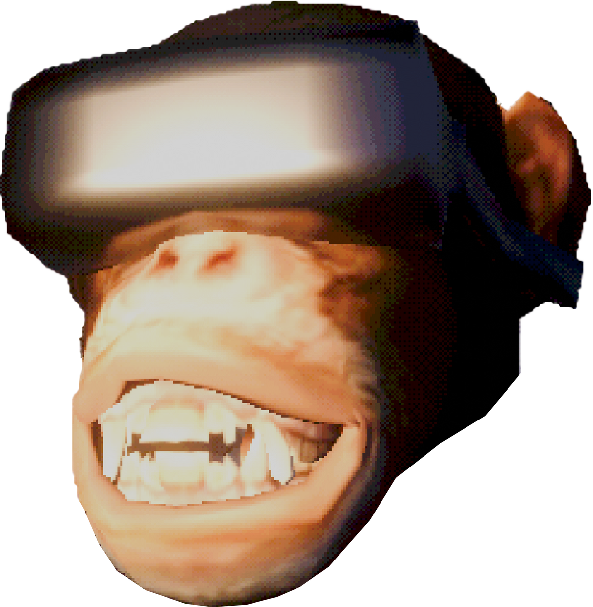 A grinning chimp wearing a VR headset