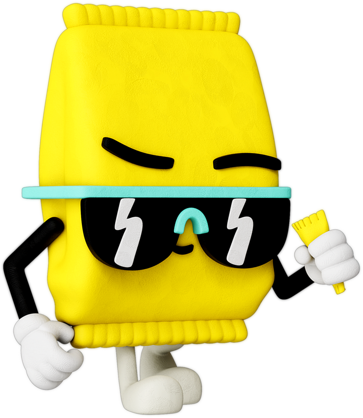 The yellow PREF*RE pouch mascot in sunglasses holding a paintbrush