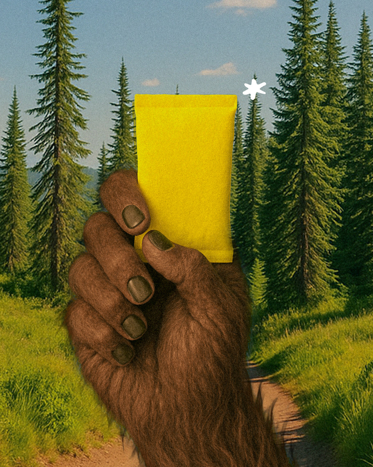 Bigfoot hand holding a yellow PREFIRE pouch on a forest trail