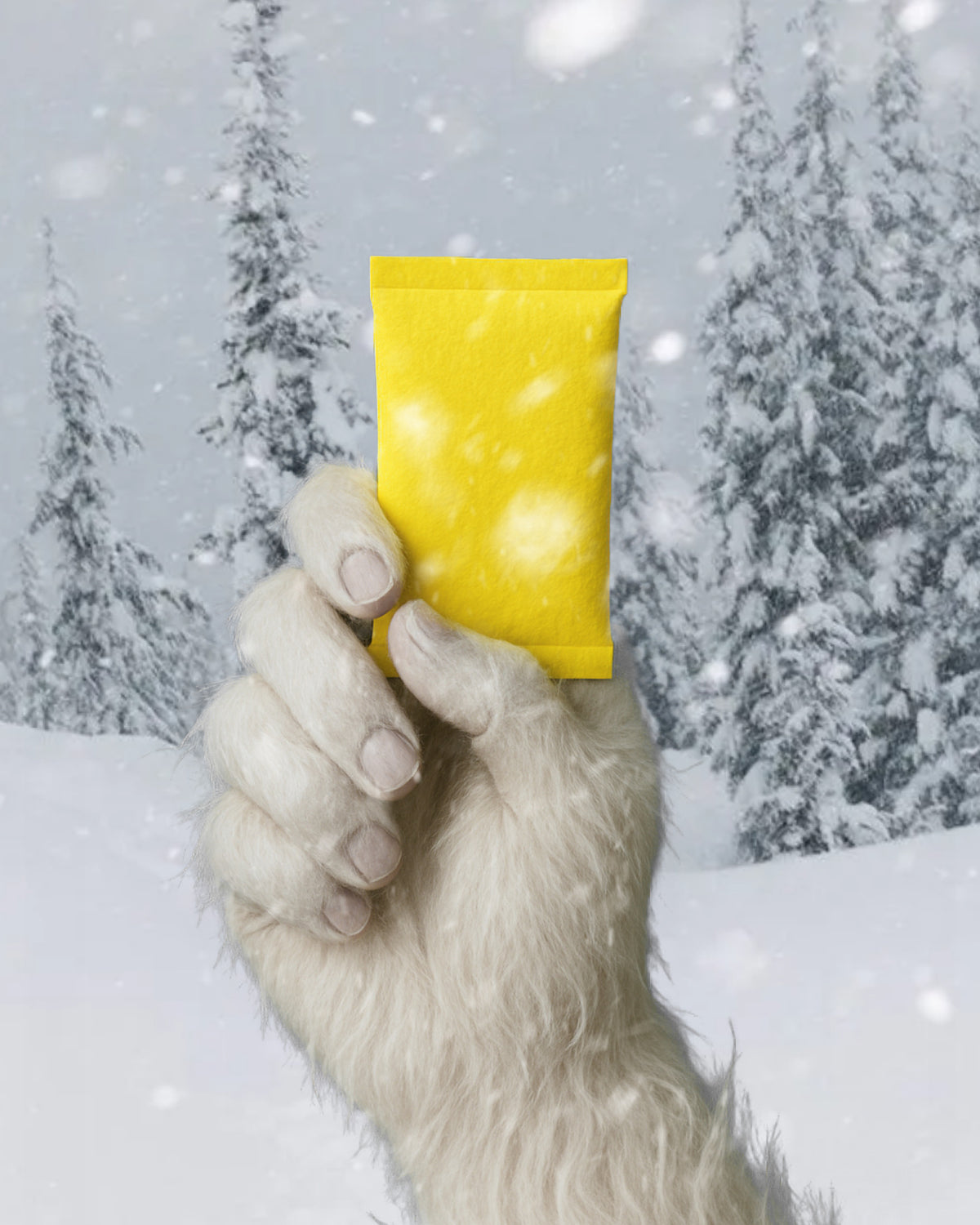 Yeti hand holding a yellow PREFIRE pouch in the snow