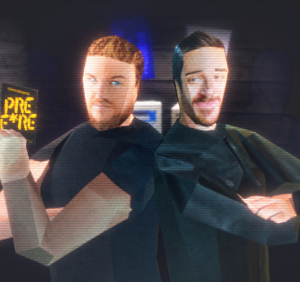 Low-poly 3D render of the two co-founders holding a PREF*RE pouch